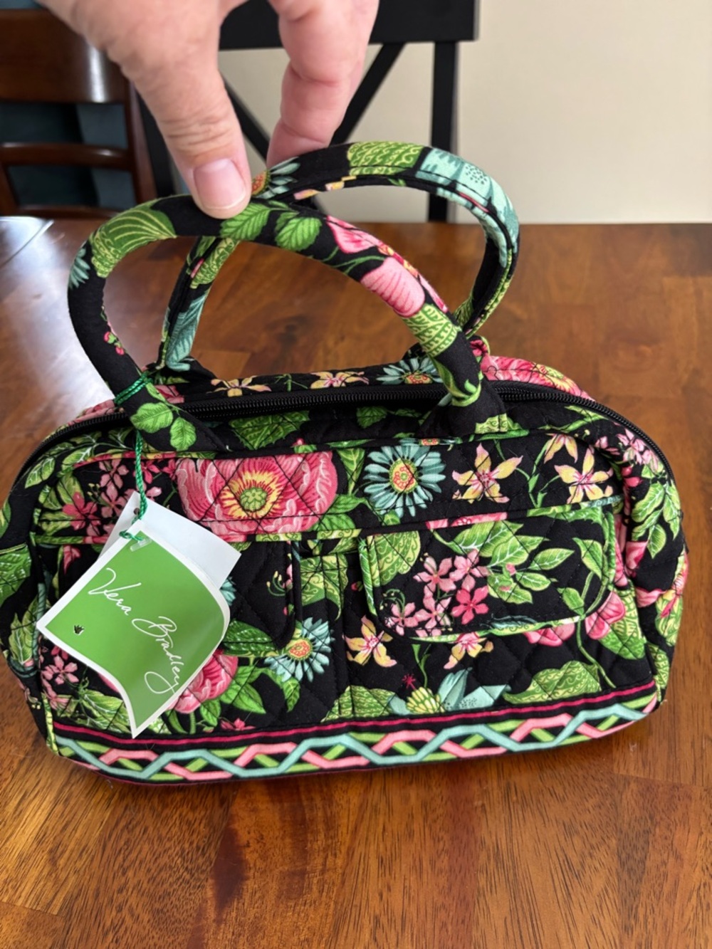 Vera Bradley Black Floral Quilted Cosmetic Carry Tote with Pink & Green Accents